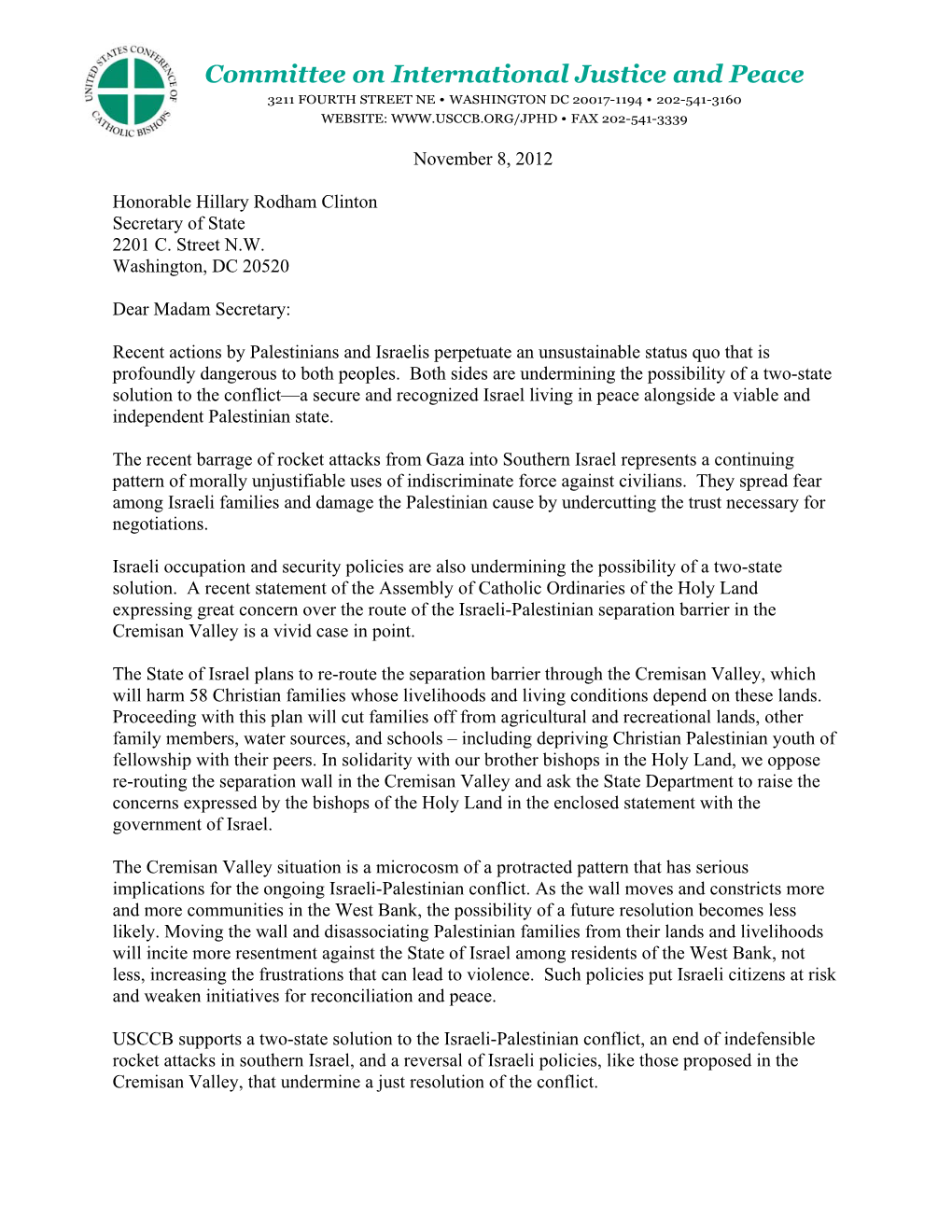 Letter to Secretary of State Clinton on Israel and Palestine