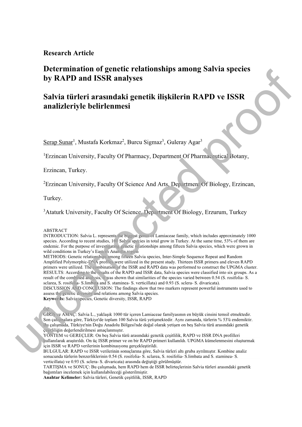 Determination of Genetic Relationships Among Salvia Species by RAPD and ISSR Analyses