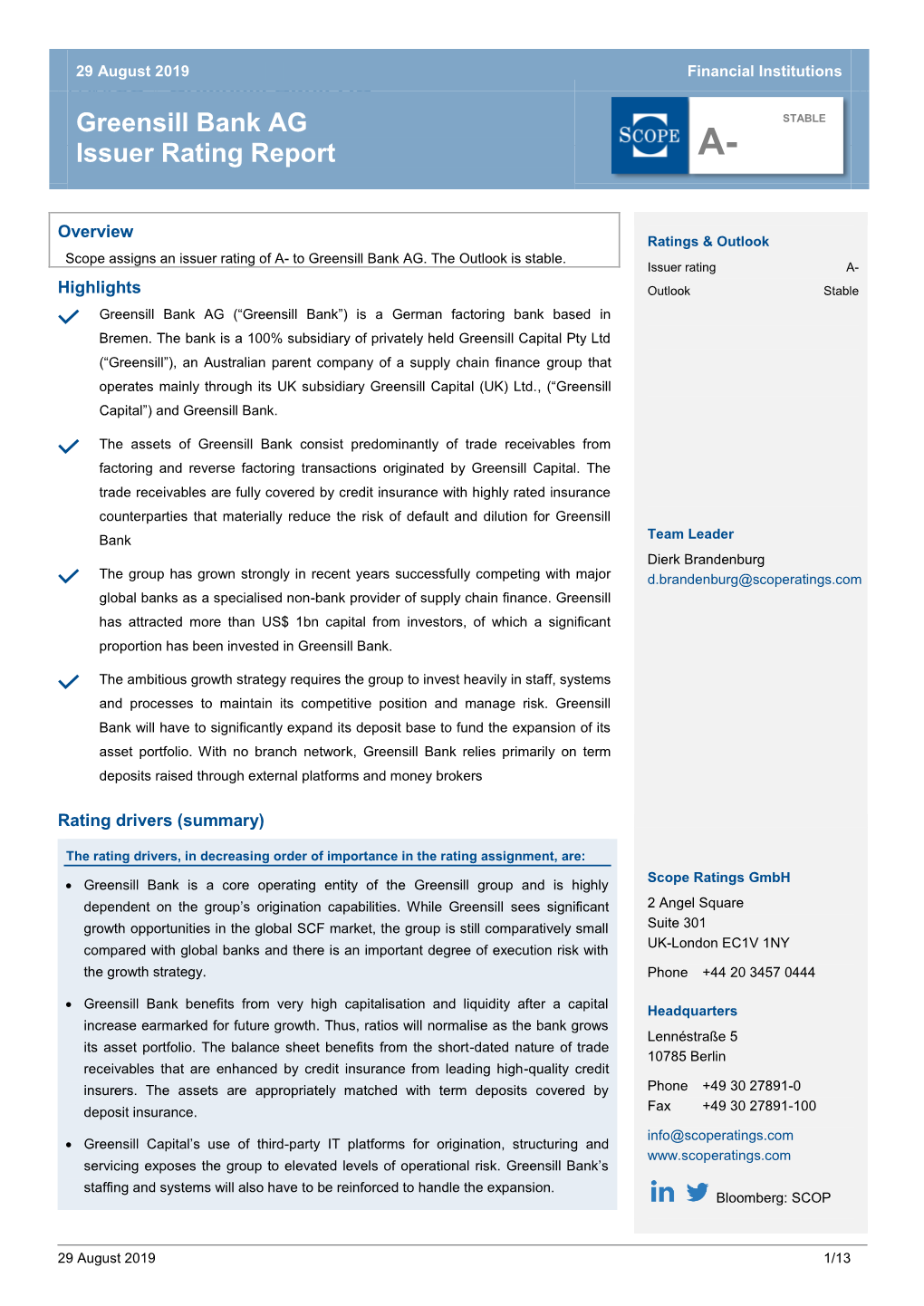 Greensill Bank AG Issuer Rating Report