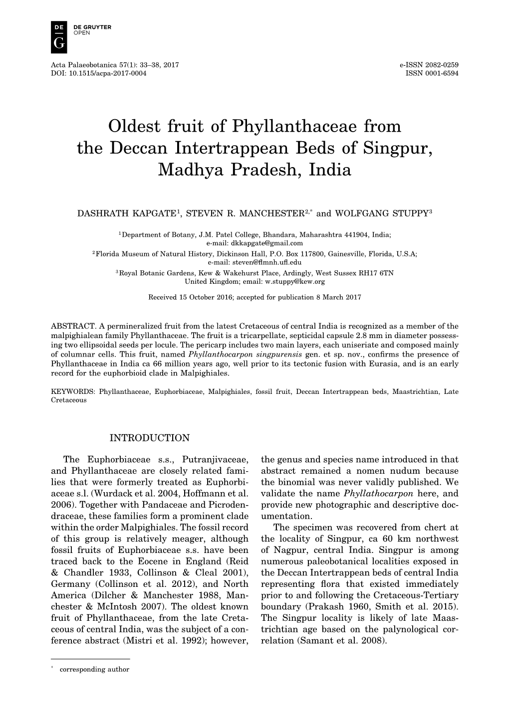 Oldest Fruit of Phyllanthaceae from the Deccan Intertrappean Beds of Singpur, Madhya Pradesh, India