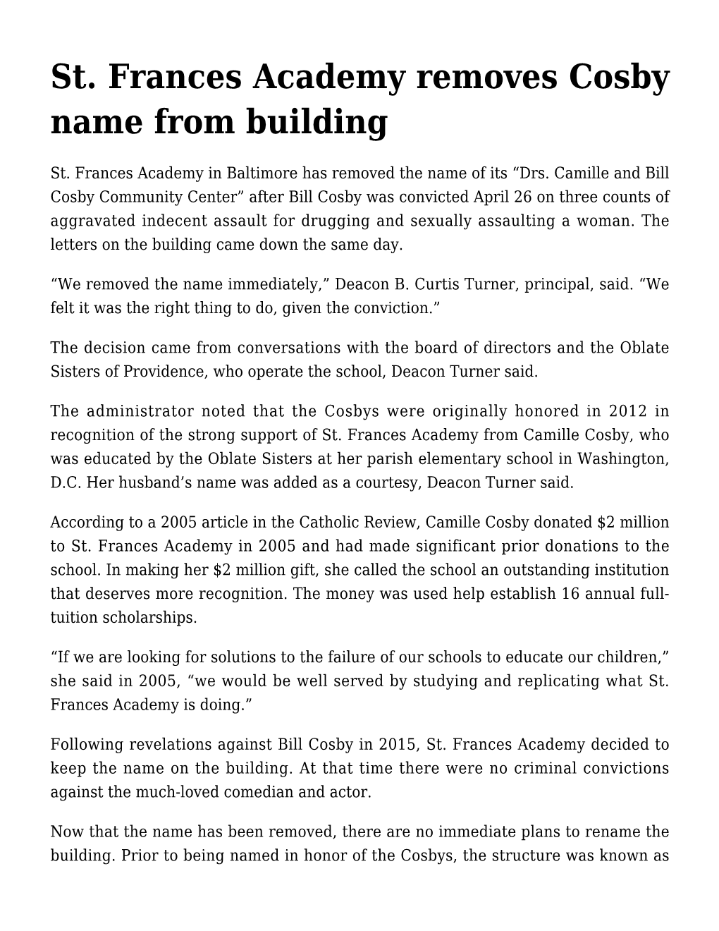 St. Frances Academy Removes Cosby Name from Building