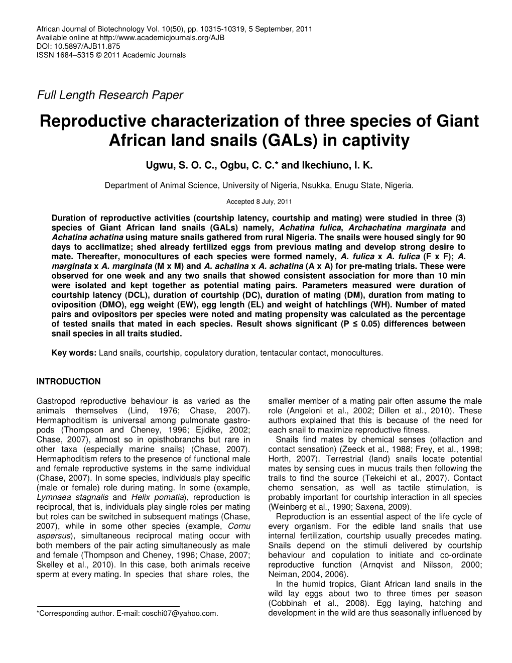 Reproductive Characterization of Three Species of Giant African Land Snails (Gals) in Captivity