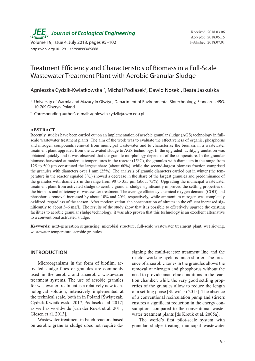 Treatment Efficiency and Characteristics of Biomass in a Full-Scale Wastewater Treatment Plant with Aerobic Granular Sludge