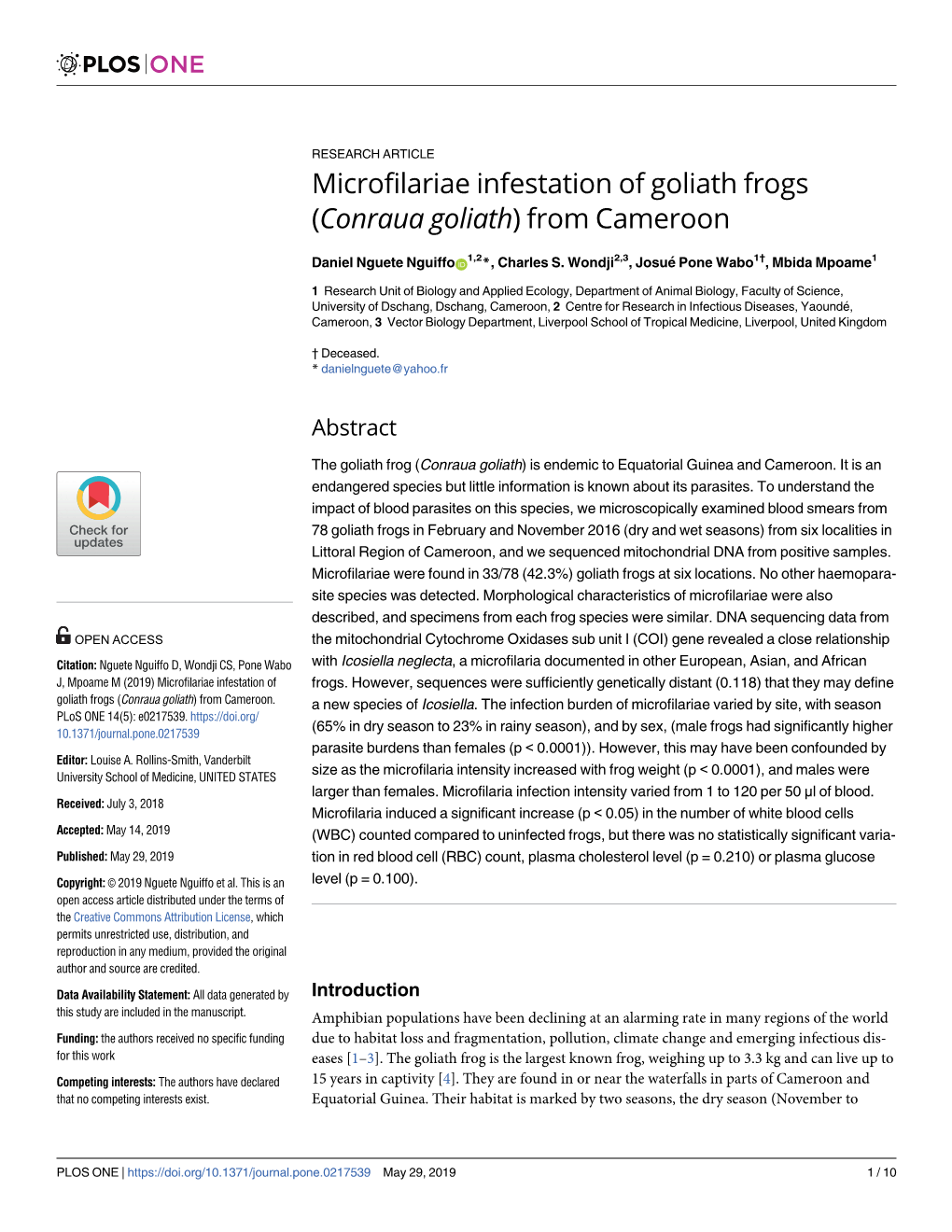 Microfilariae Infestation of Goliath Frogs (Conraua Goliath) from Cameroon