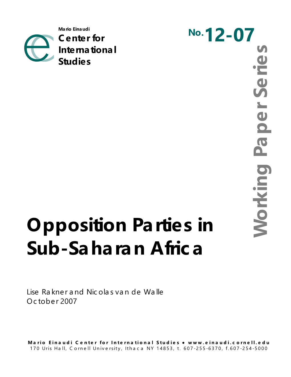 Opposition Parties in Sub-Saharan Africa No.12-07 Working Paper Series