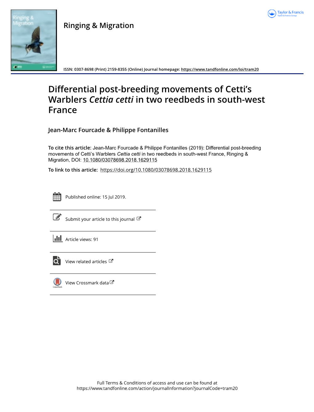 Differential Post-Breeding Movements of Cetti's Warblers Cettia Cetti in Two