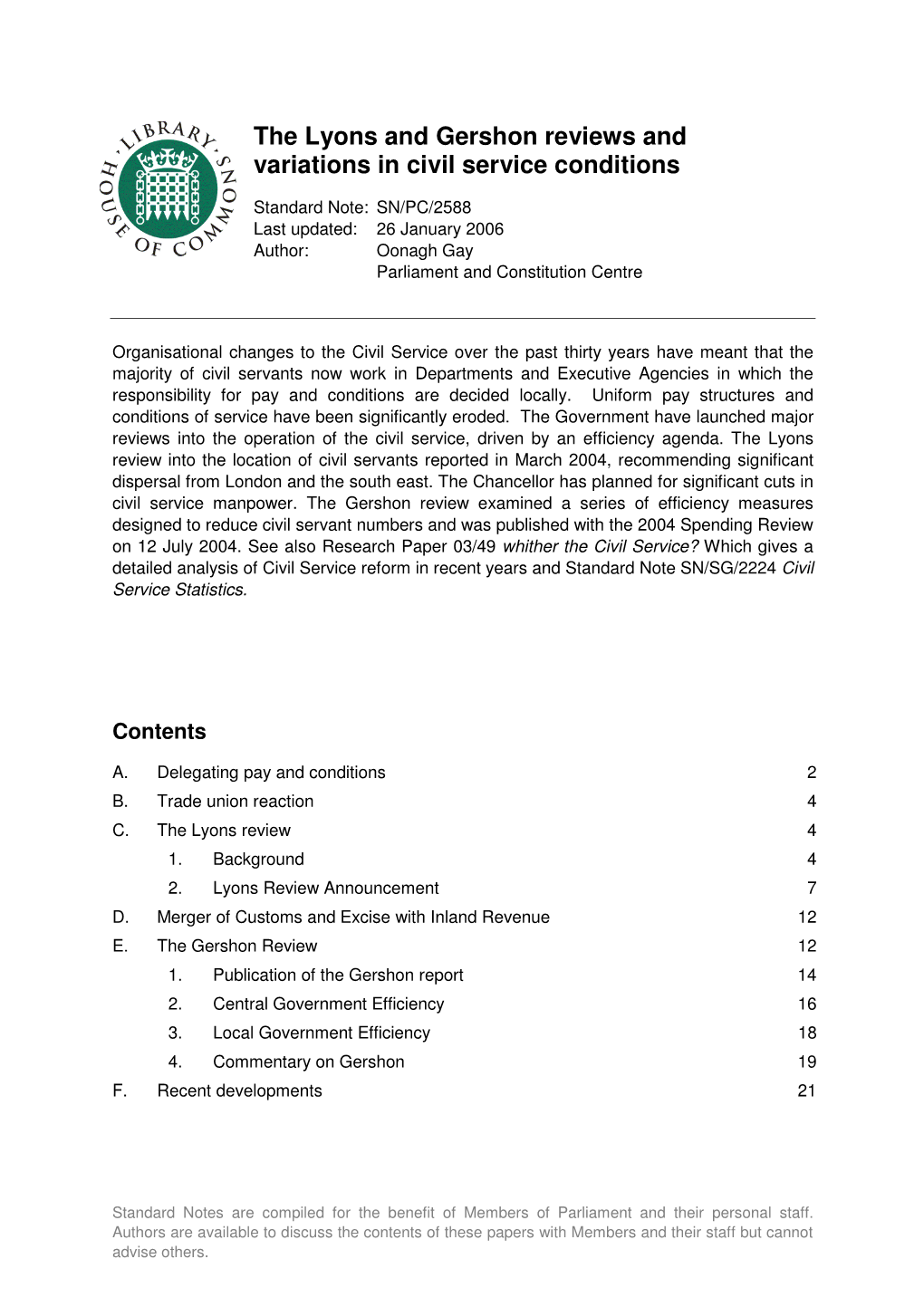 The Lyons and Gershon Reviews and Variations in Civil Service Conditions