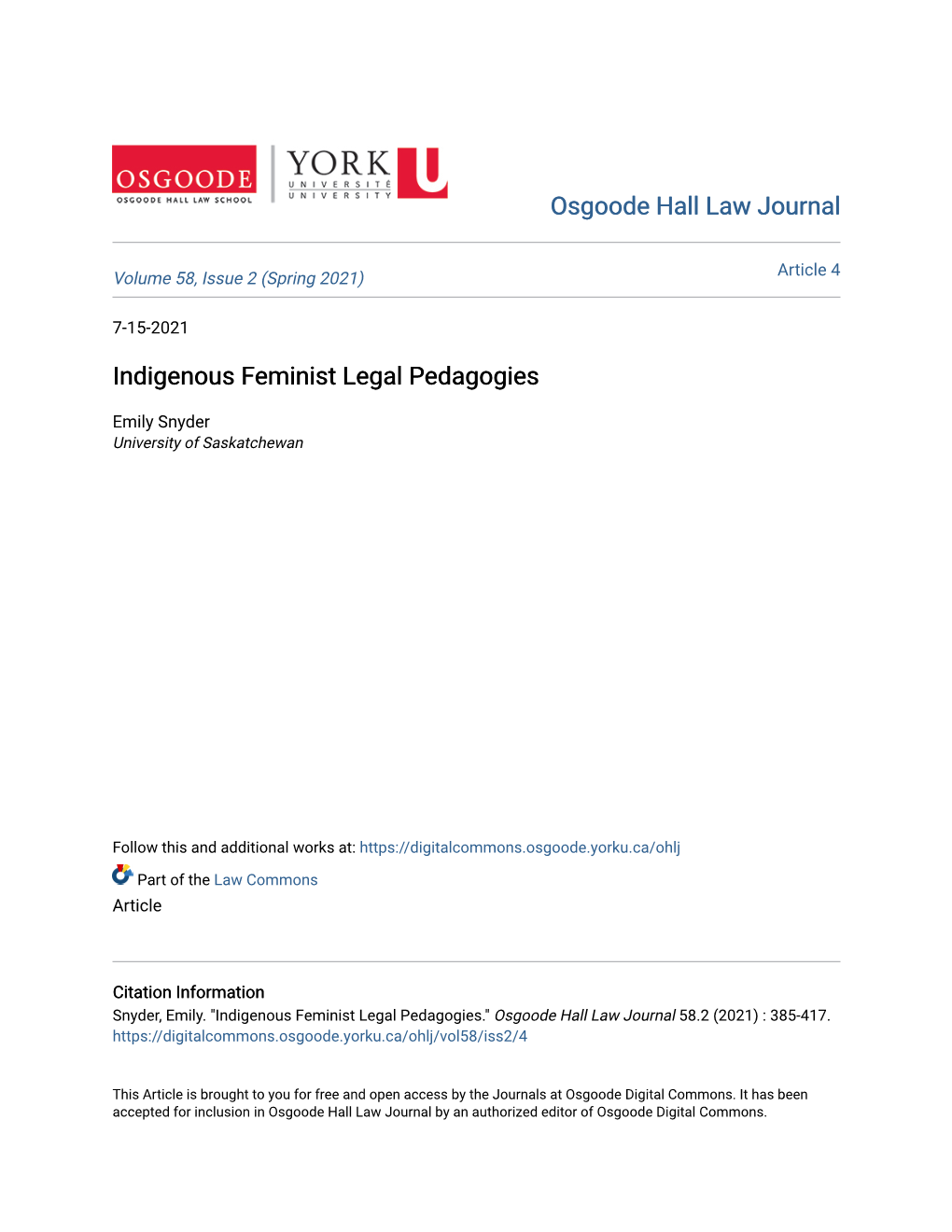 Indigenous Feminist Legal Pedagogies