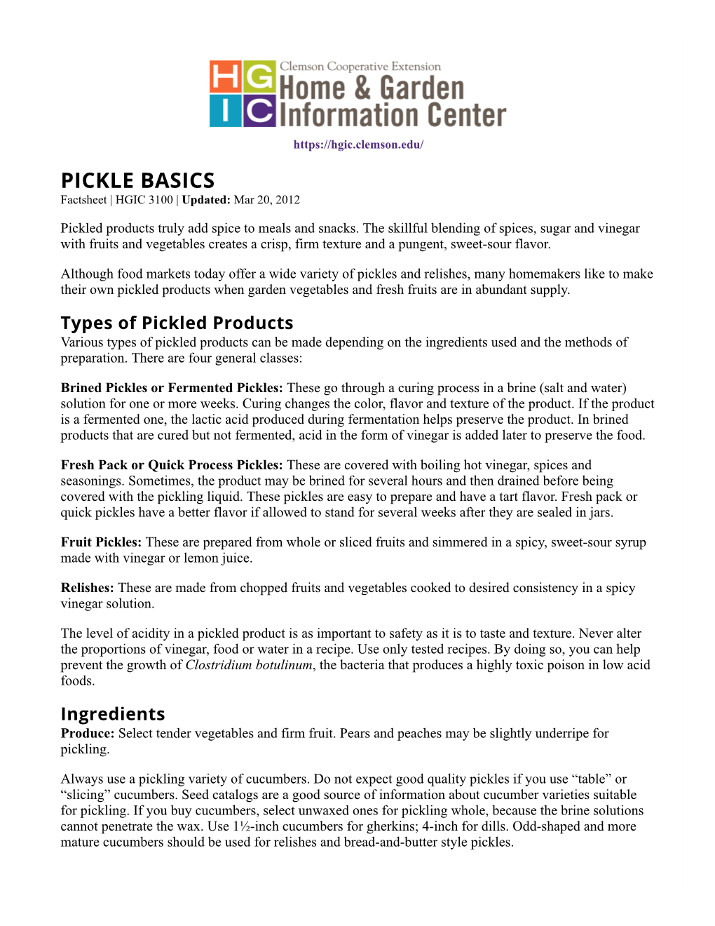 PICKLE BASICS Factsheet | HGIC 3100 | Updated: Mar 20, 2012