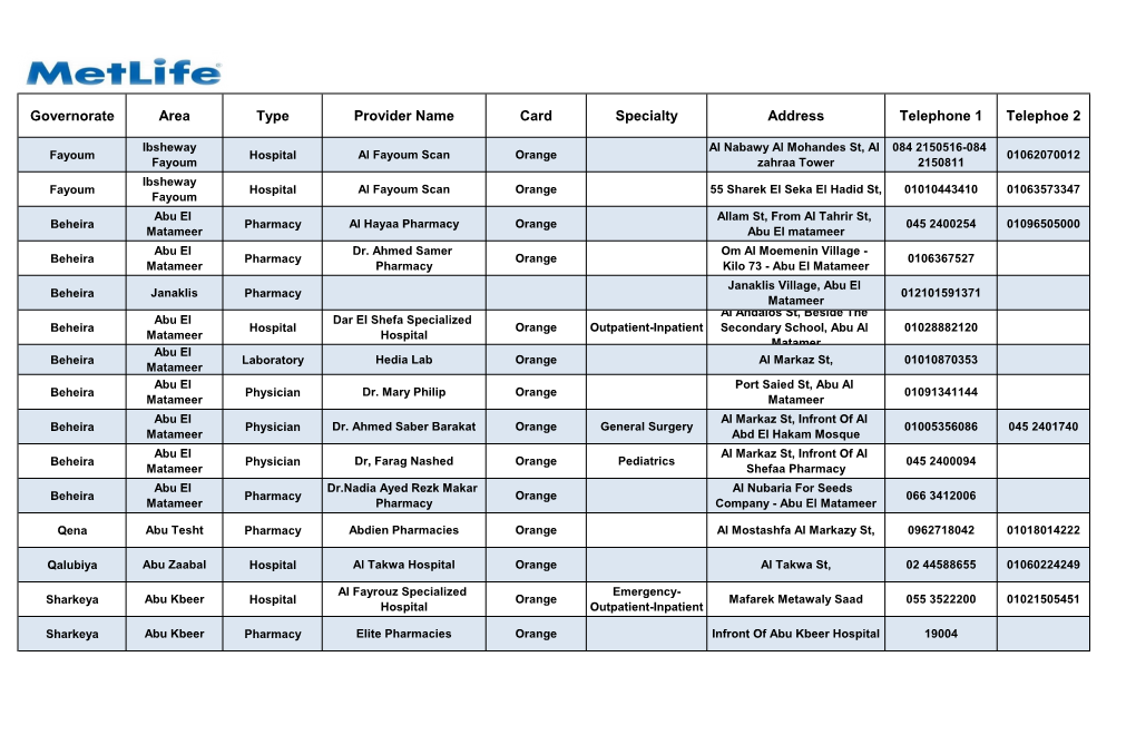 Governorate Area Type Provider Name Card Specialty Address Telephone 1 Telephoe 2