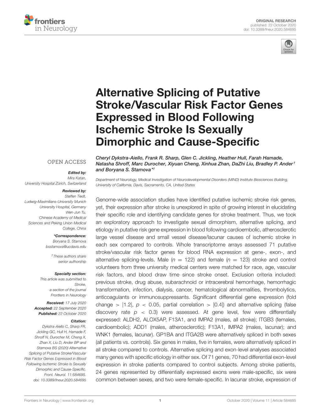 Alternative Splicing of Putative Stroke/Vascular Risk Factor Genes Expressed in Blood Following Ischemic Stroke Is Sexually Dimorphic and Cause-Speciﬁc