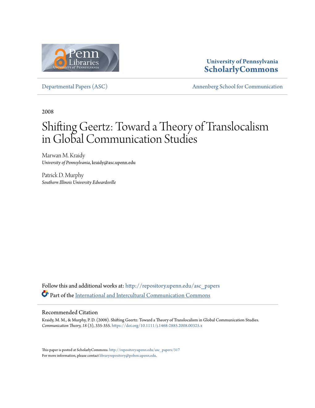 Shifting Geertz: Toward a Theory of Translocalism in Global Communication Studies Marwan M