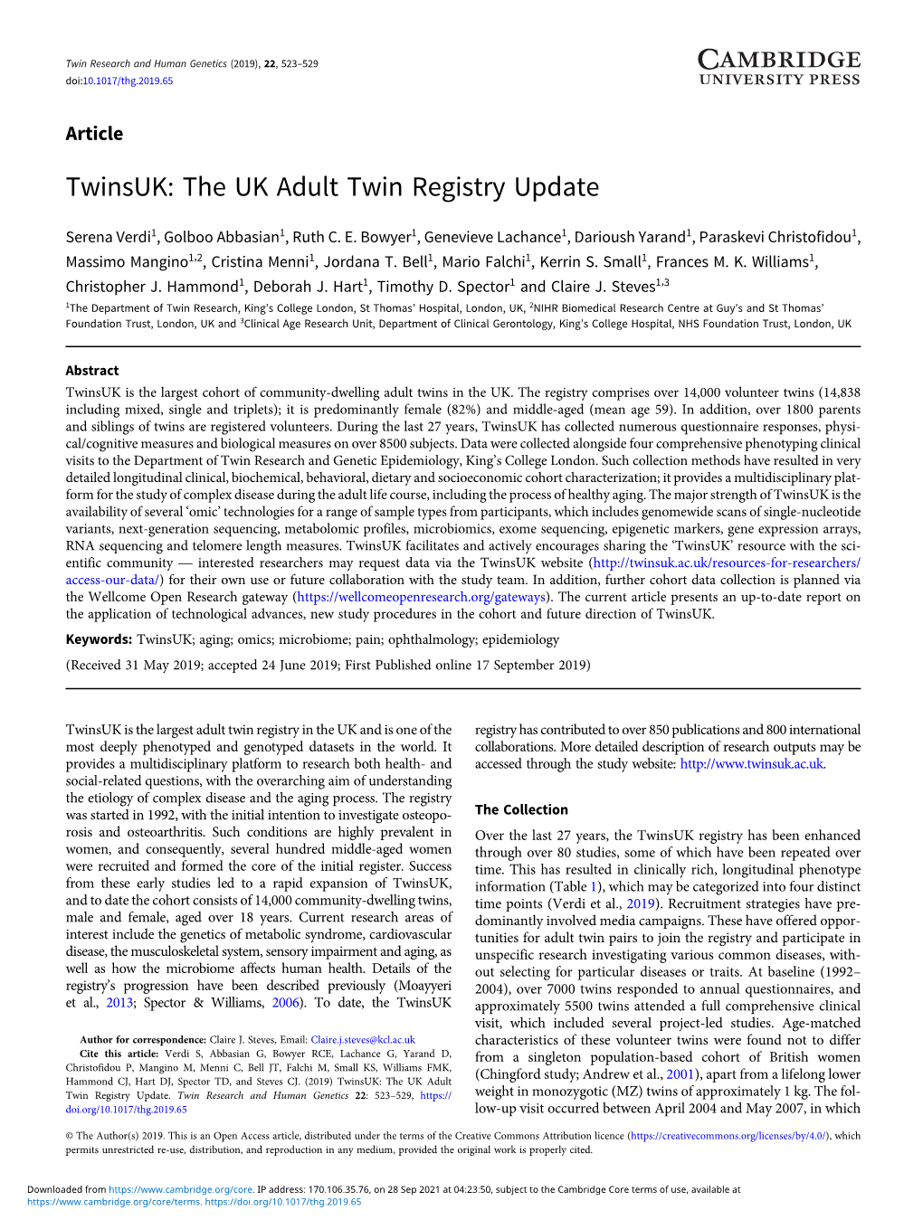 Twinsuk: the UK Adult Twin Registry Update