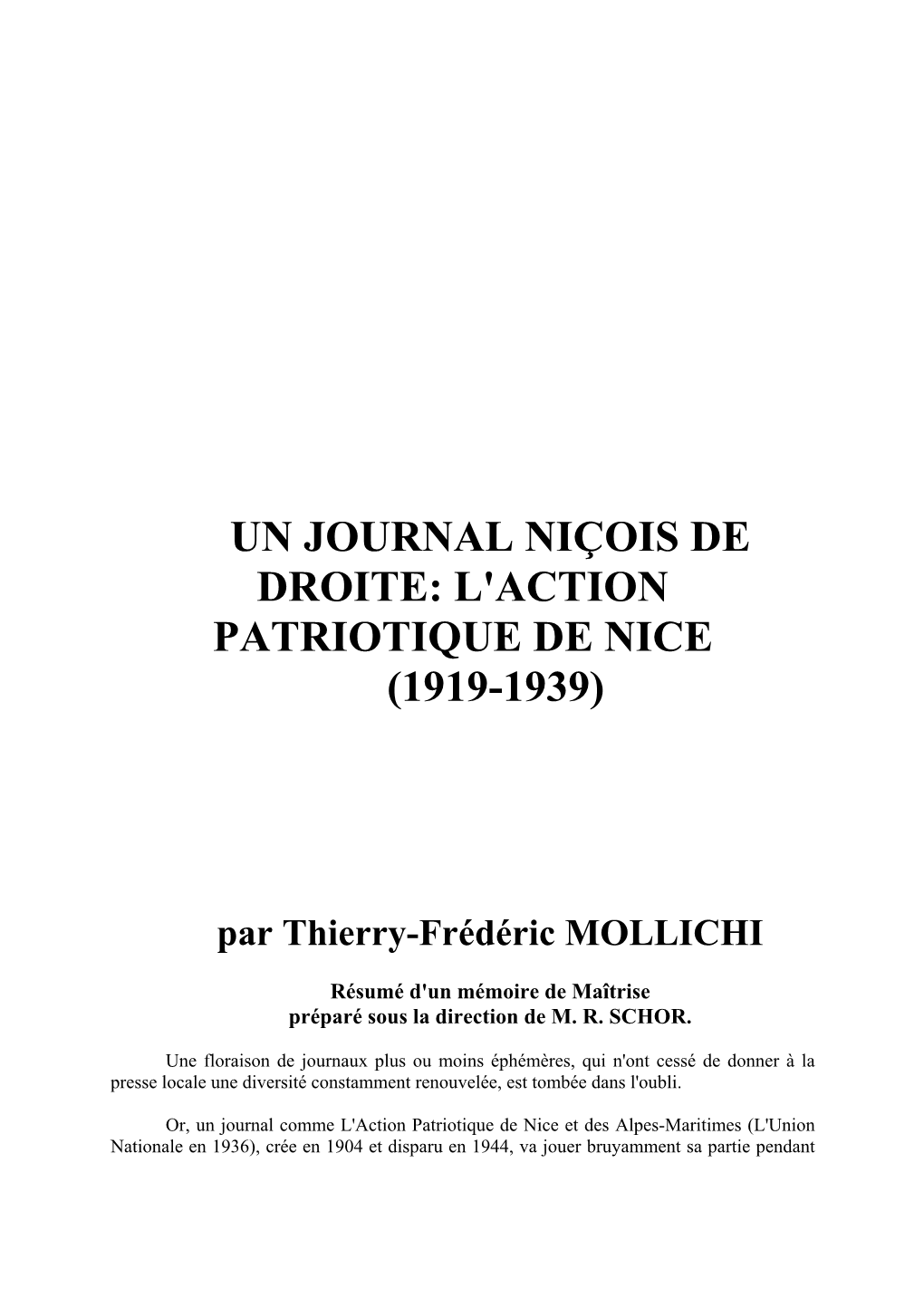 L'action Patriotique De Nice (1919-1939)