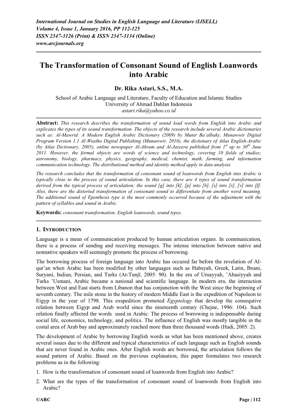 The Transformation of Consonant Sound of English Loanwords Into Arabic