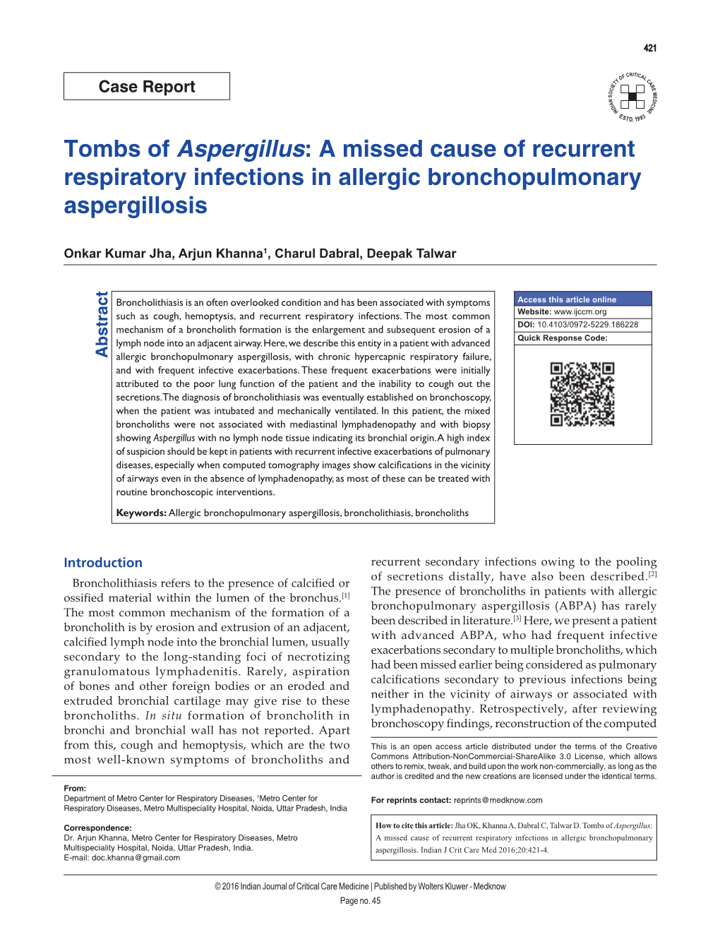 Tombs of Aspergillus: a Missed Cause of Recurrent Respiratory Infections in Allergic Bronchopulmonary Aspergillosis