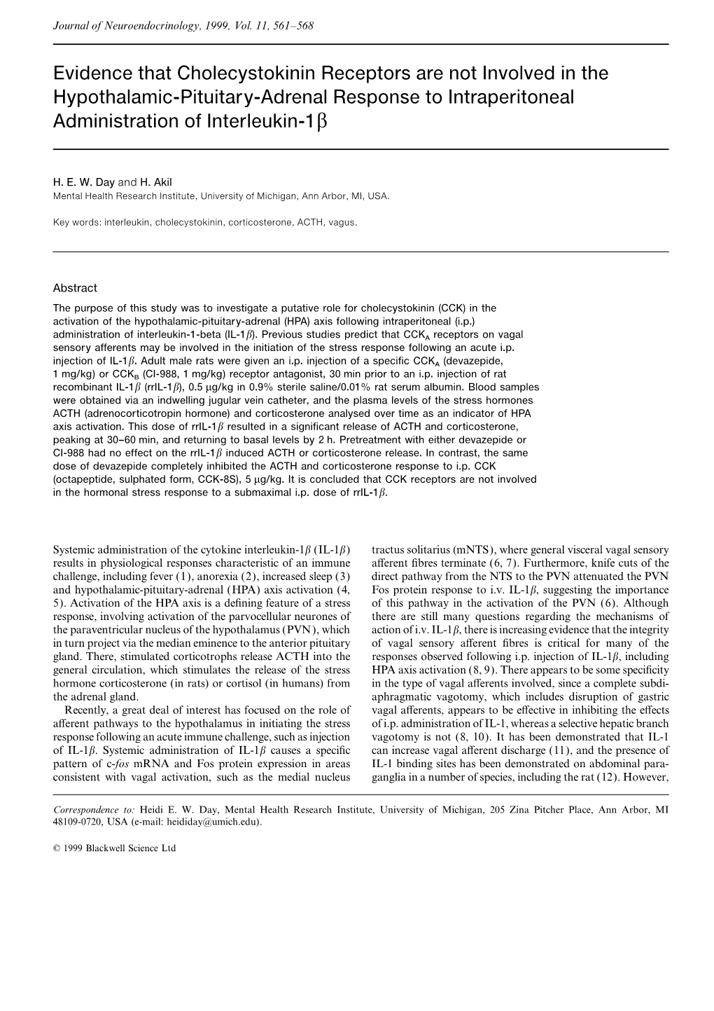 Evidence That Cholecystokinin Receptors Are Not Involved in the Hypothalamic-Pituitary-Adrenal Response to Intraperitoneal Administration of Interleukin-1B