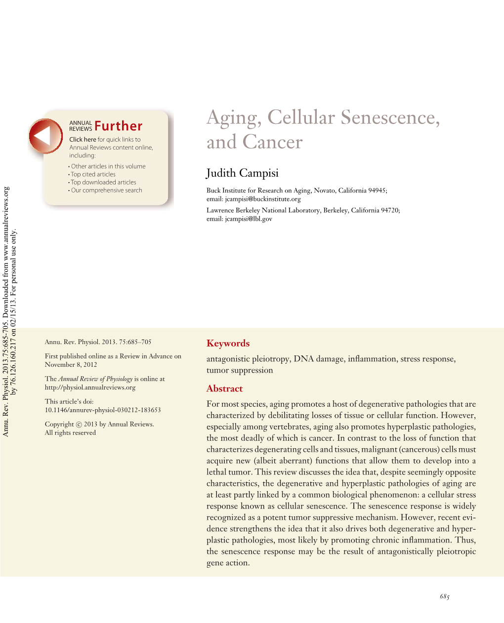 Aging, Cellular Senescence, and Cancer
