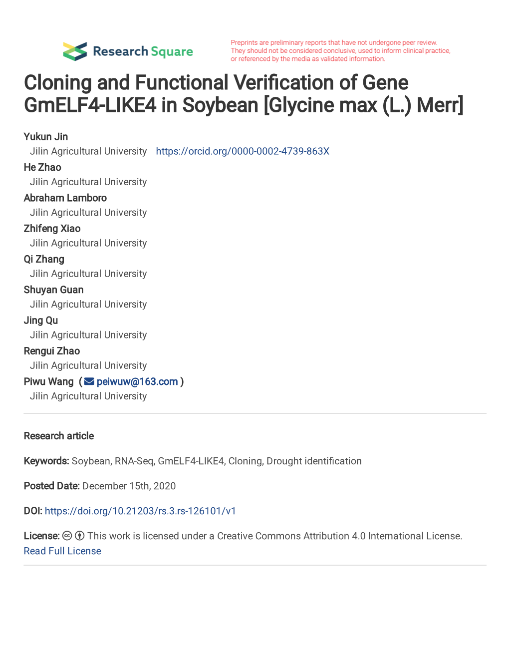 Cloning and Functional Verification of Gene Gmelf4-LIKE4 in Soybean