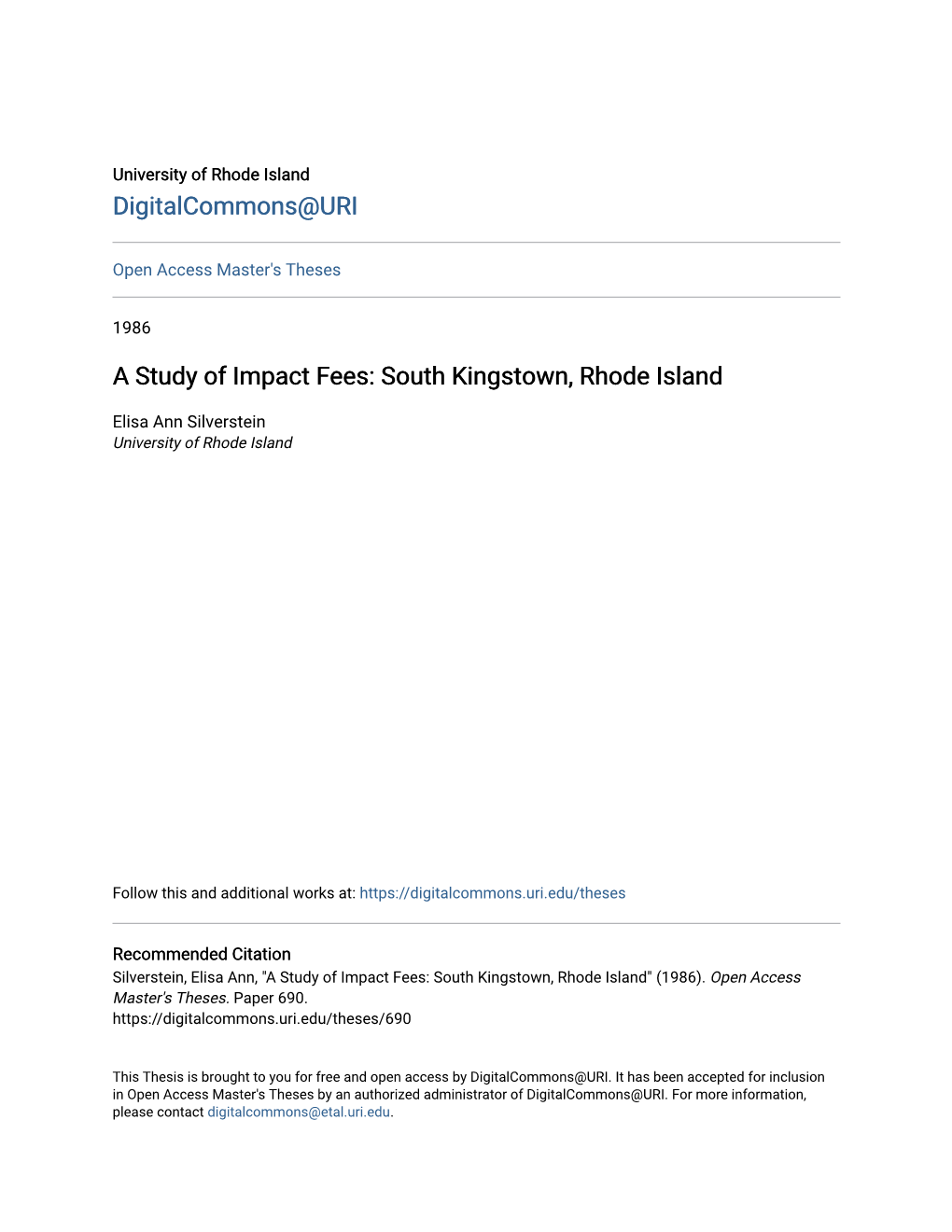 A Study of Impact Fees: South Kingstown, Rhode Island