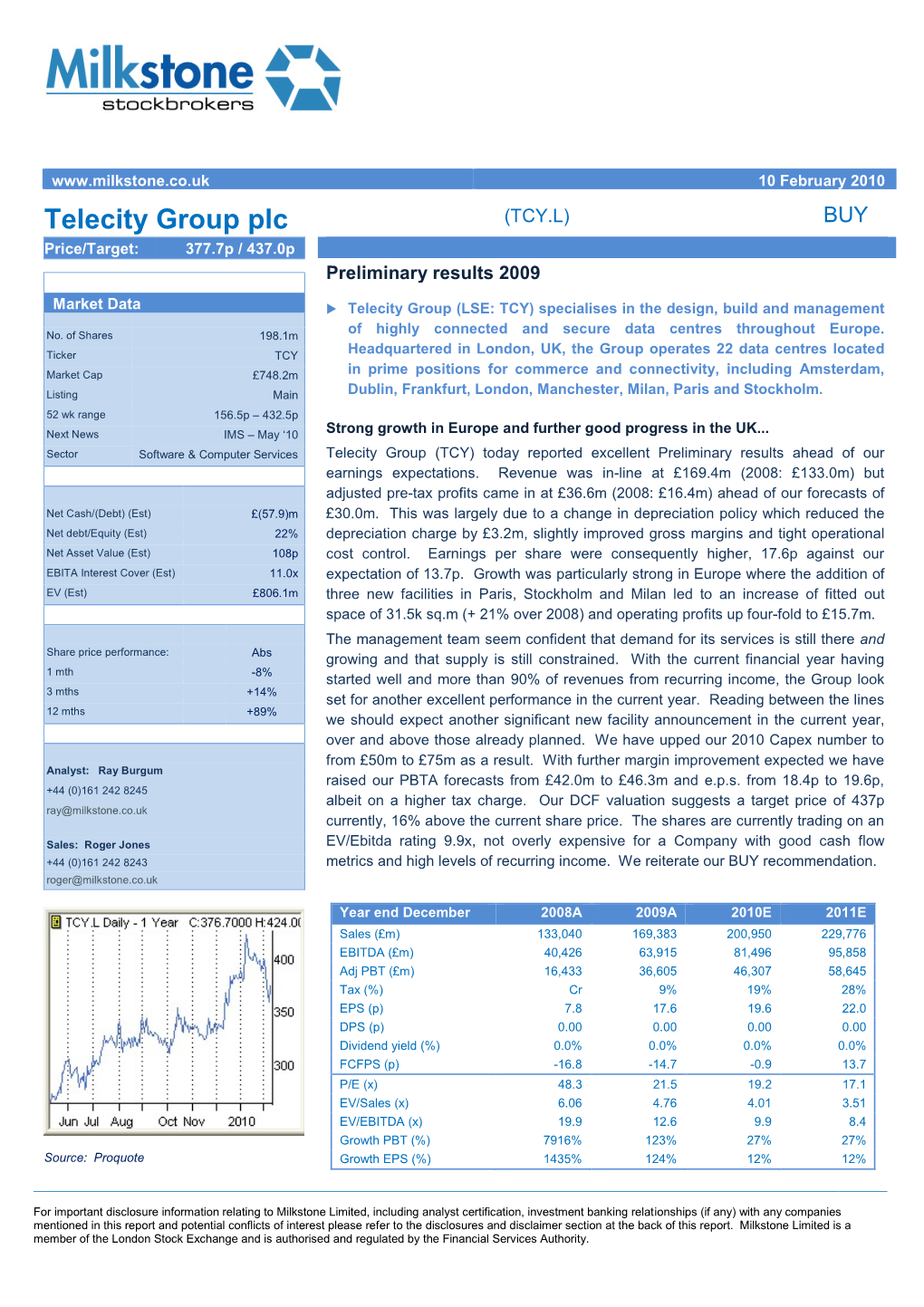 Telecity Group Plc (TCY.L) BUY Price/Target: 377.7P / 437.0P Preliminary Results 2009