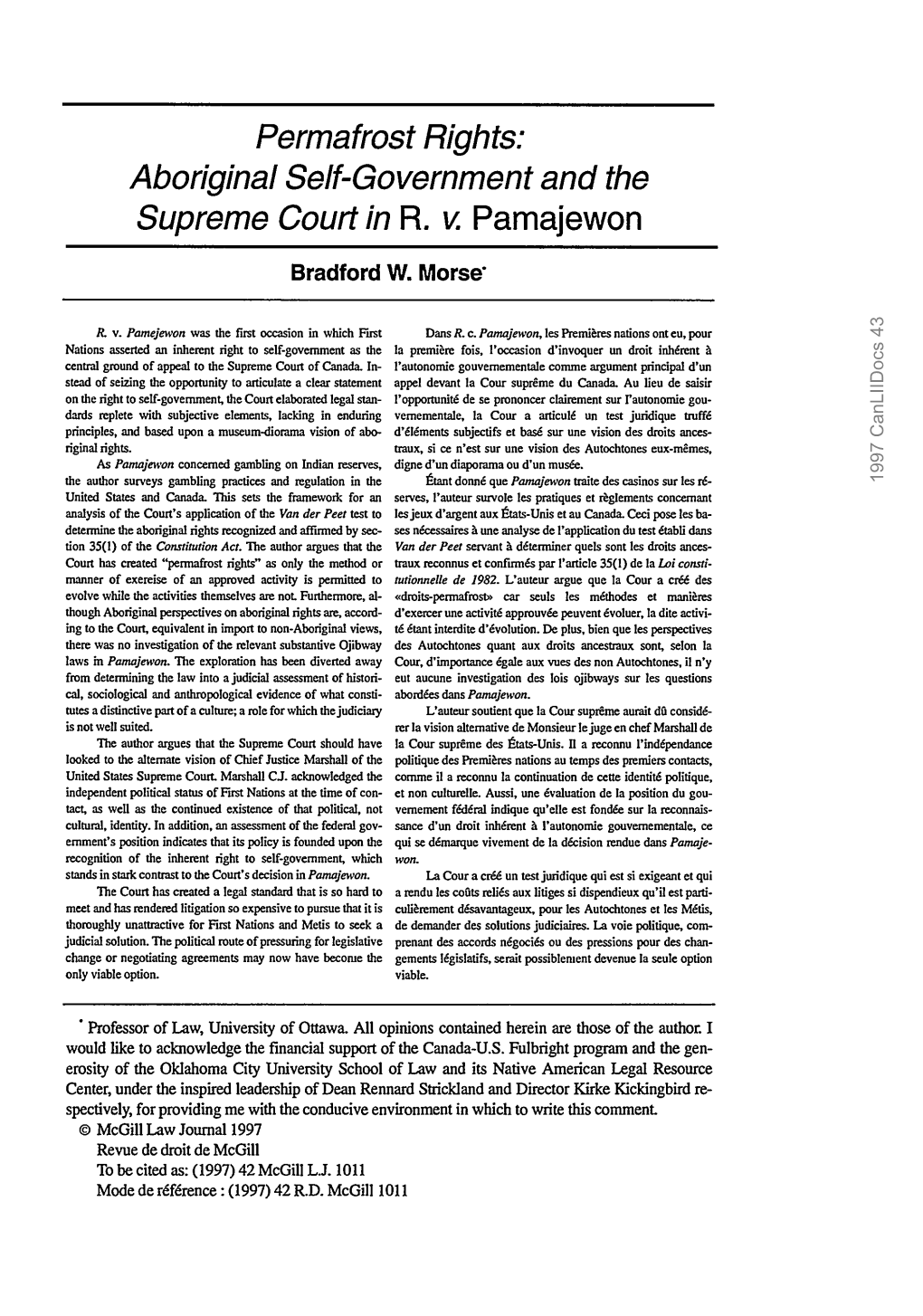 Aboriginal Self-Government and the Supreme Court in R. V