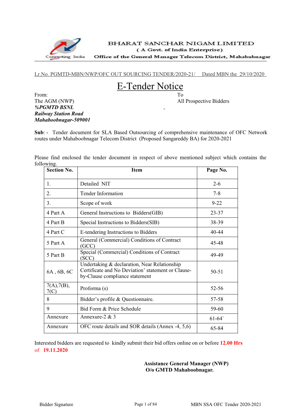 E-Tender Notice From: to the AGM (NWP) All Prospective Bidders %PGMTD BSNL , Railway Station Road Mahaboobnagar-509001