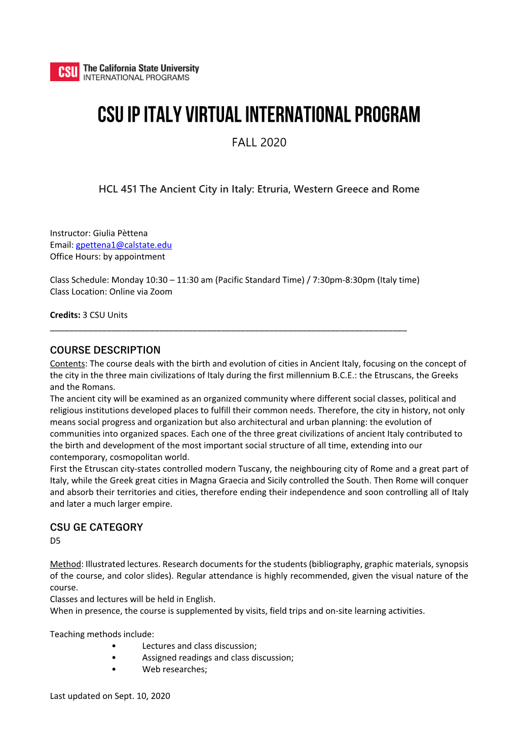 CSU IP Italy Virtual International Program FALL 2020