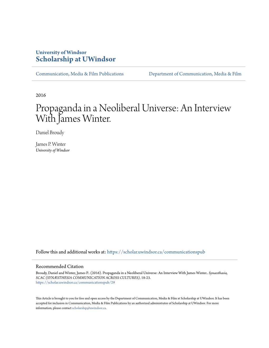 Propaganda in a Neoliberal Universe: an Interview with James Winter