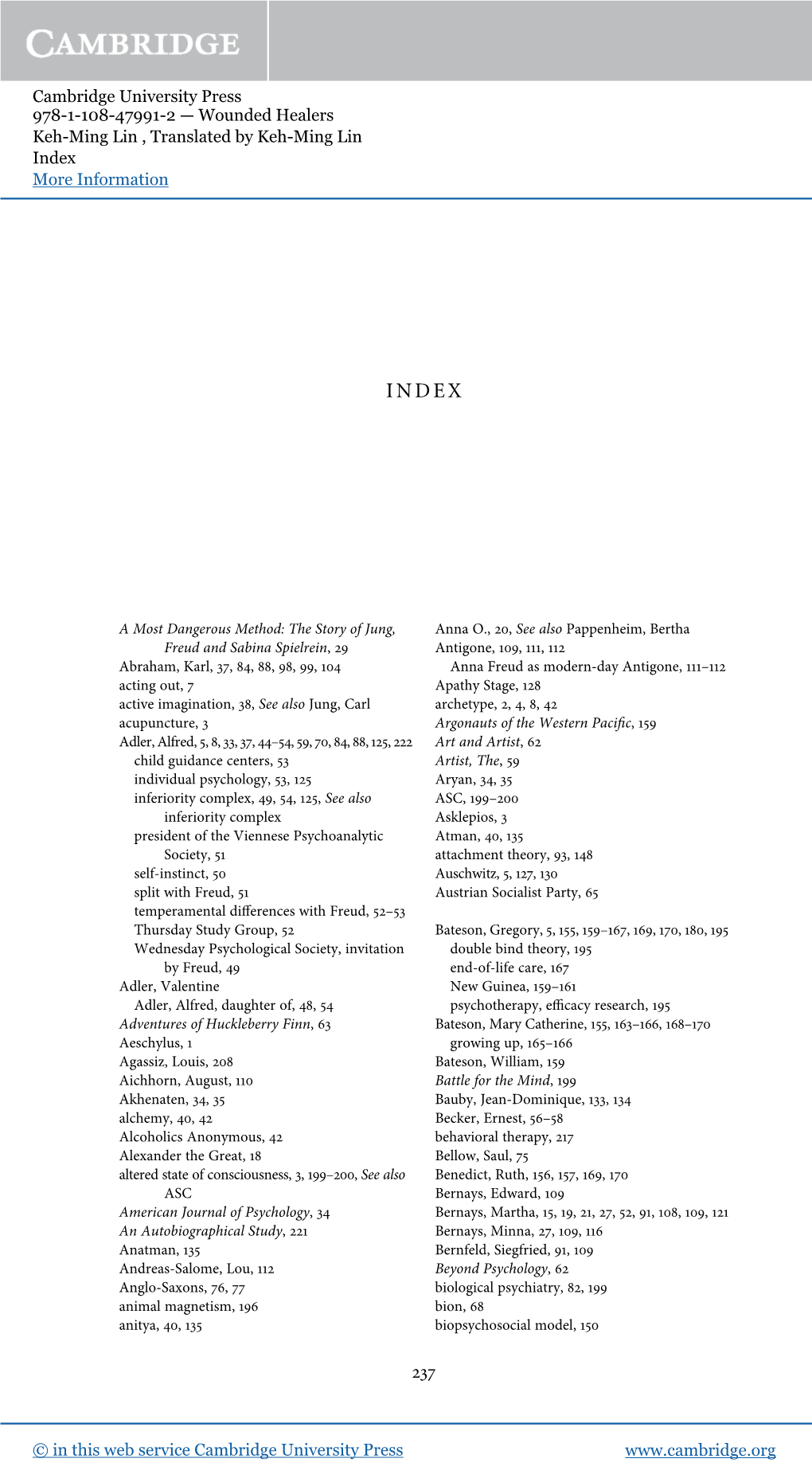 Cambridge University Press 978-1-108-47991-2 — Wounded Healers Keh-Ming Lin , Translated by Keh-Ming Lin Index More Information