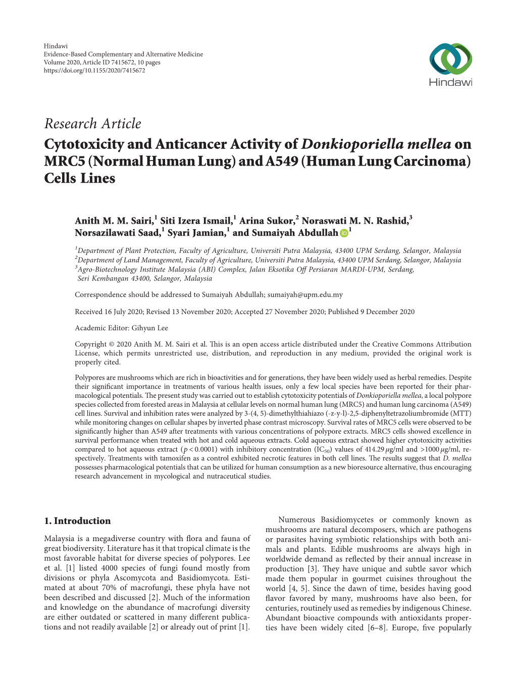 Cytotoxicity and Anticancer Activity of Donkioporiella Mellea on MRC5 (Normalhuman Lung)And A549(Humanlungcarcinoma) Cells Lines