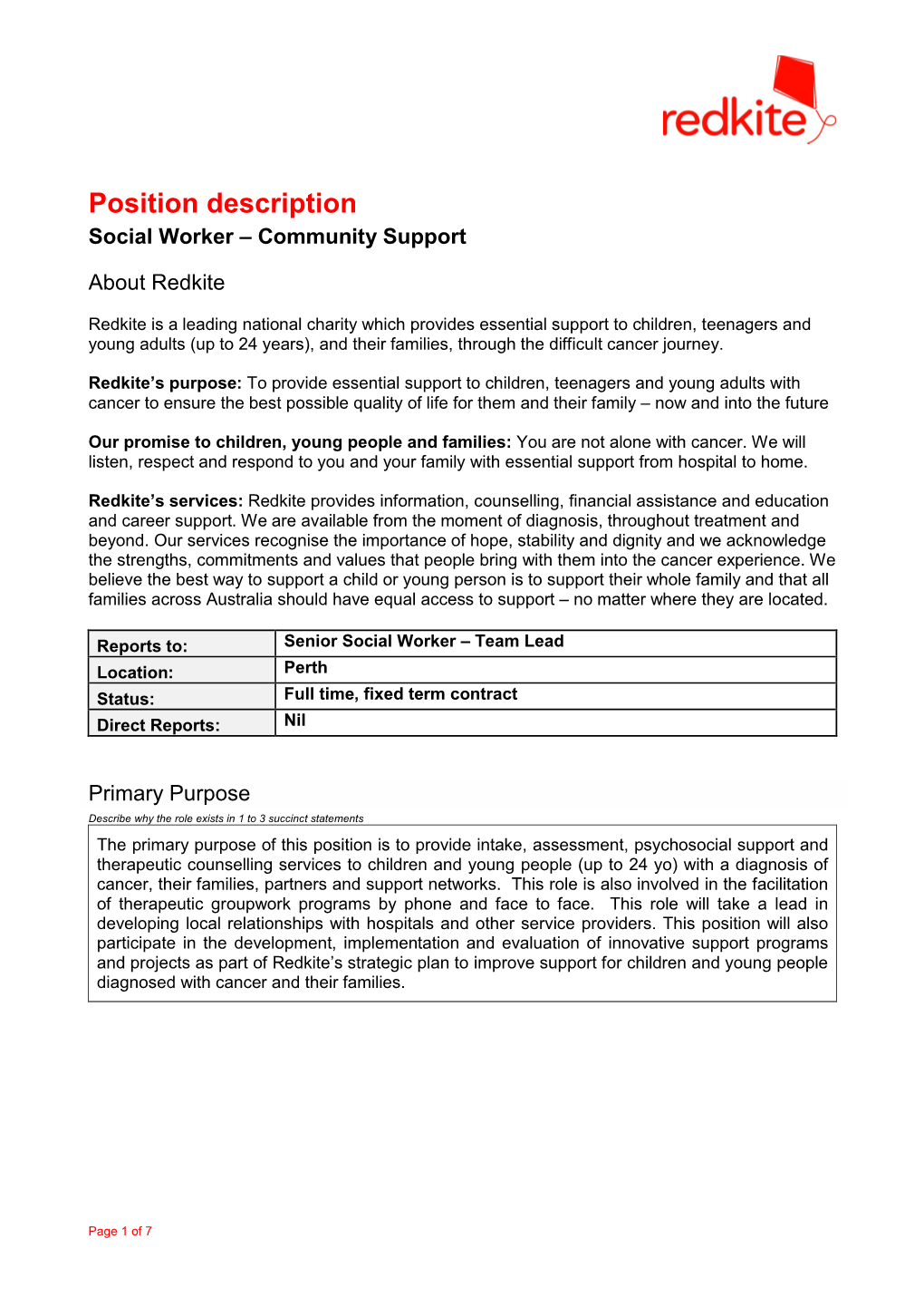 Position Description Social Worker – Community Support