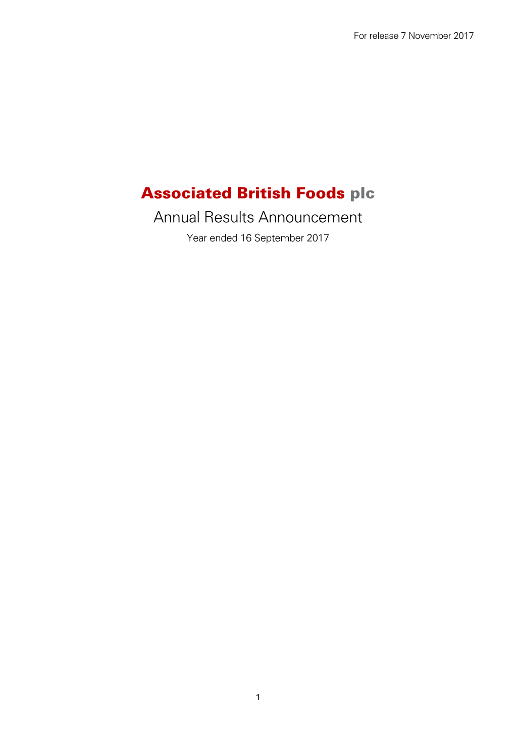 Associated British Foods Plc Annual Results Announcement Year Ended 16 September 2017