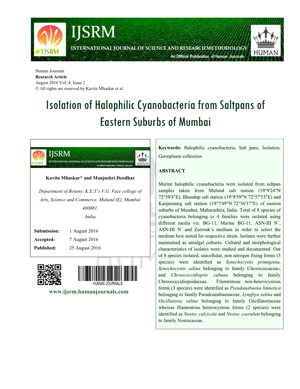 Isolation of Halophilic Cyanobacteria from Saltpans of Eastern Suburbs of Mumbai