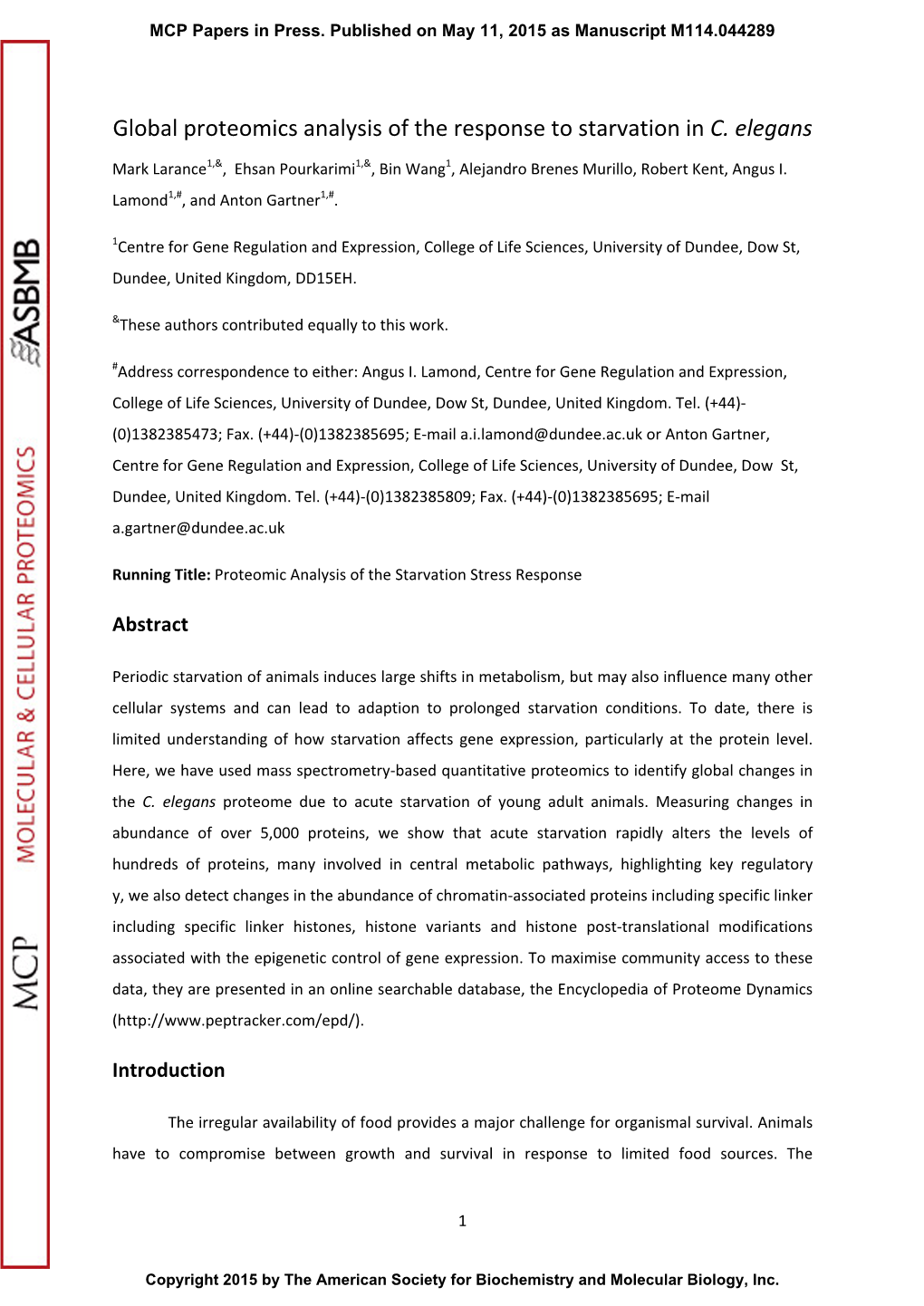 Global Proteomics Analysis of the Response to Starvation in C. Elegans