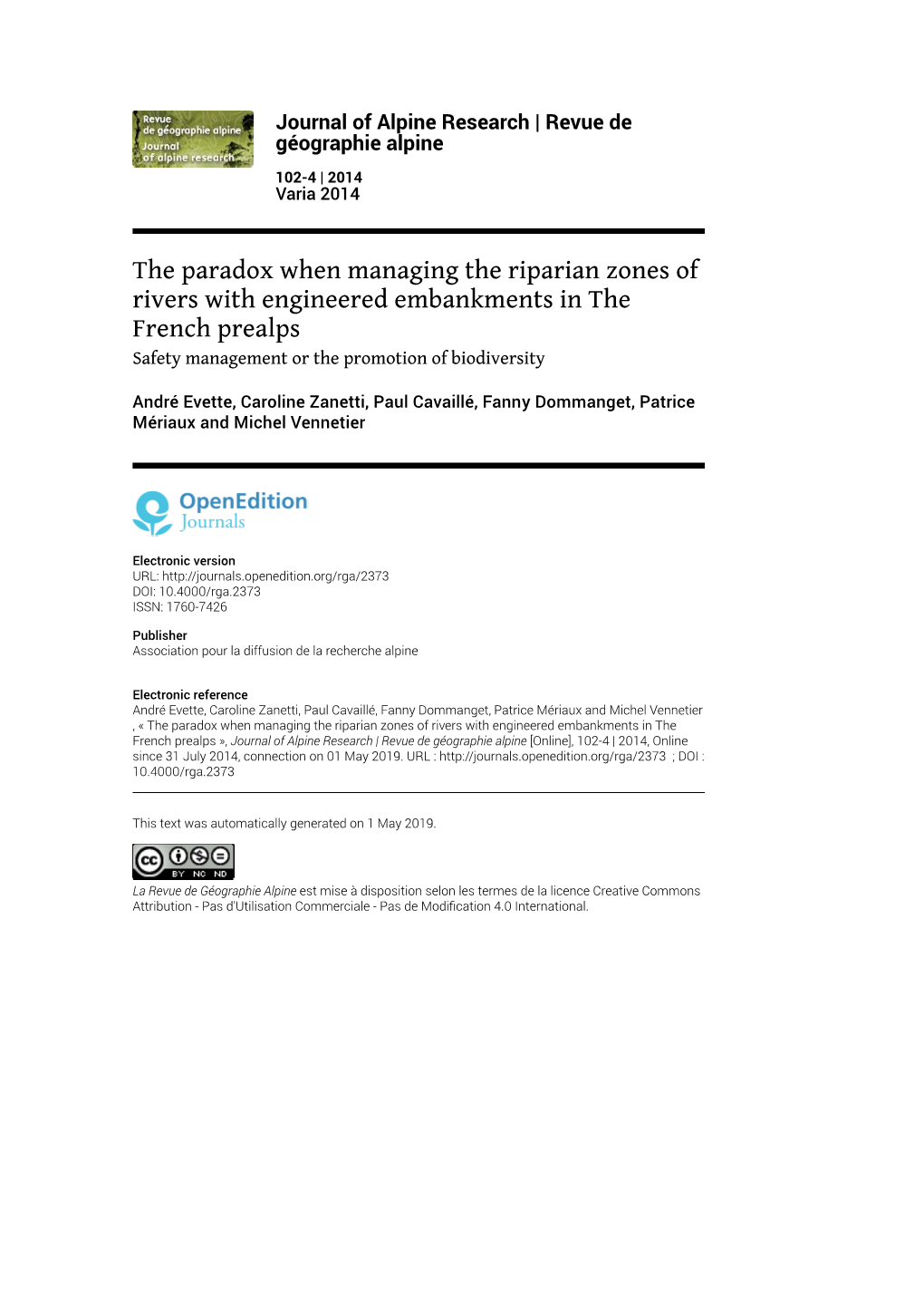 The Paradox When Managing the Riparian Zones of Rivers with Engineered Embankments in the French Prealps Safety Management Or the Promotion of Biodiversity