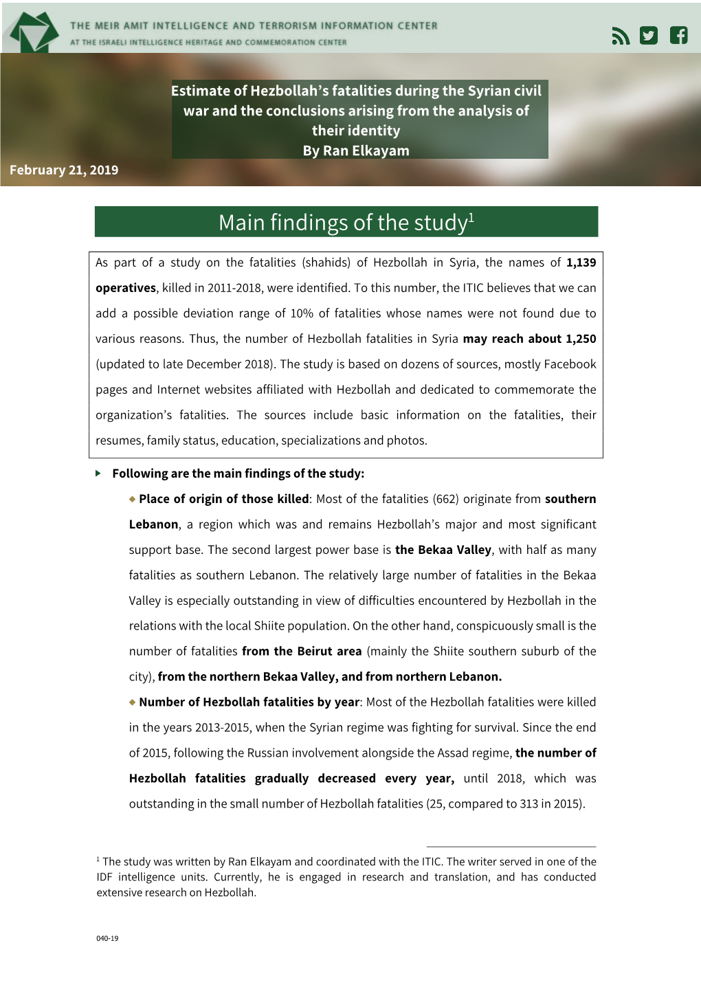 Estimate of Hezbollah's Fatalities During the Syrian Civil War and the Conclusions Arising from the Analysis of Their Identity