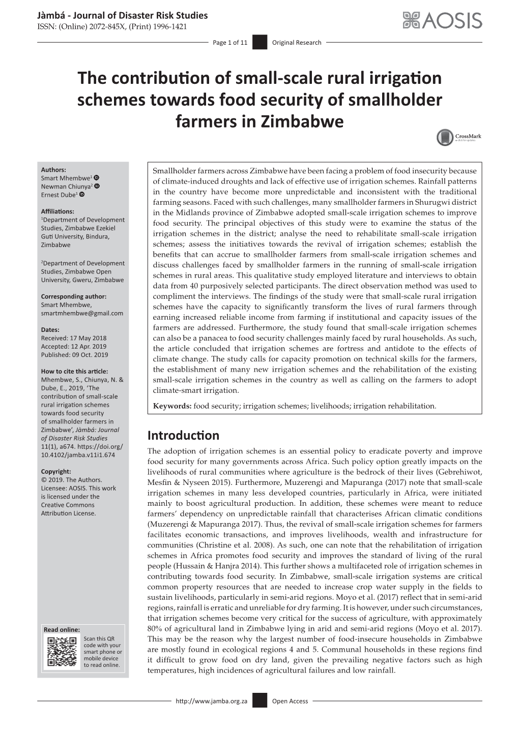 The Contribution of Small-Scale Rural Irrigation Schemes Towards Food Security of Smallholder Farmers in Zimbabwe