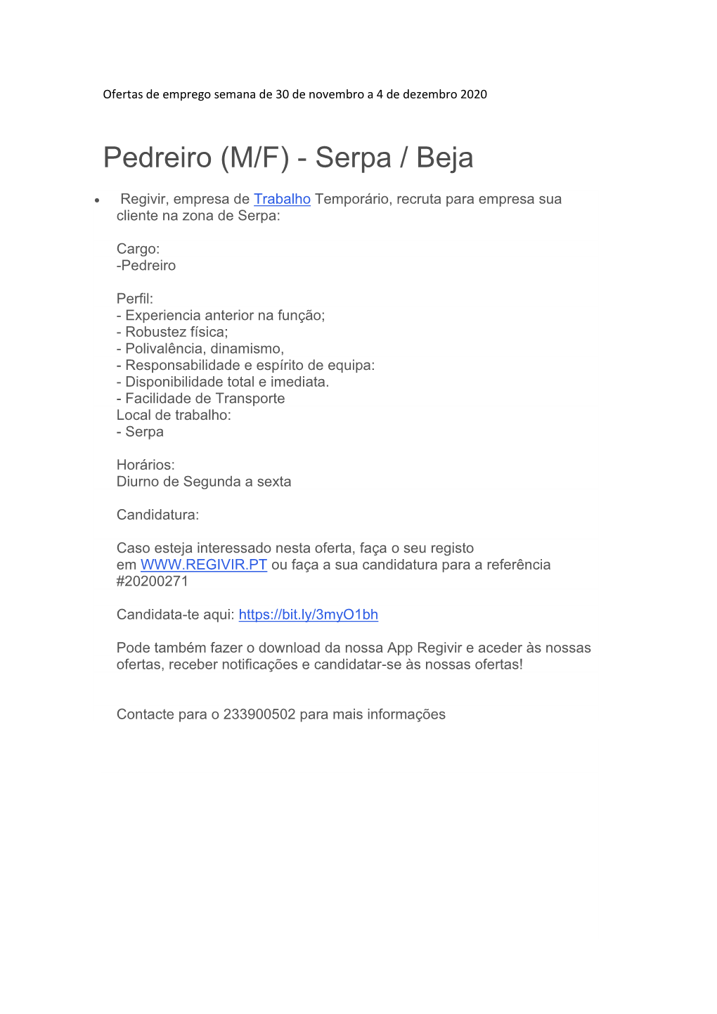 Pedreiro (M/F) - Serpa / Beja