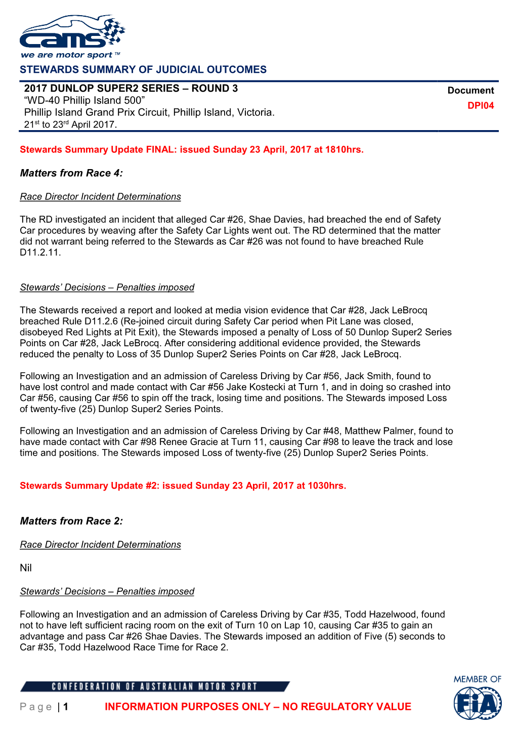 STEWARDS SUMMARY of JUDICIAL OUTCOMES Page | 1