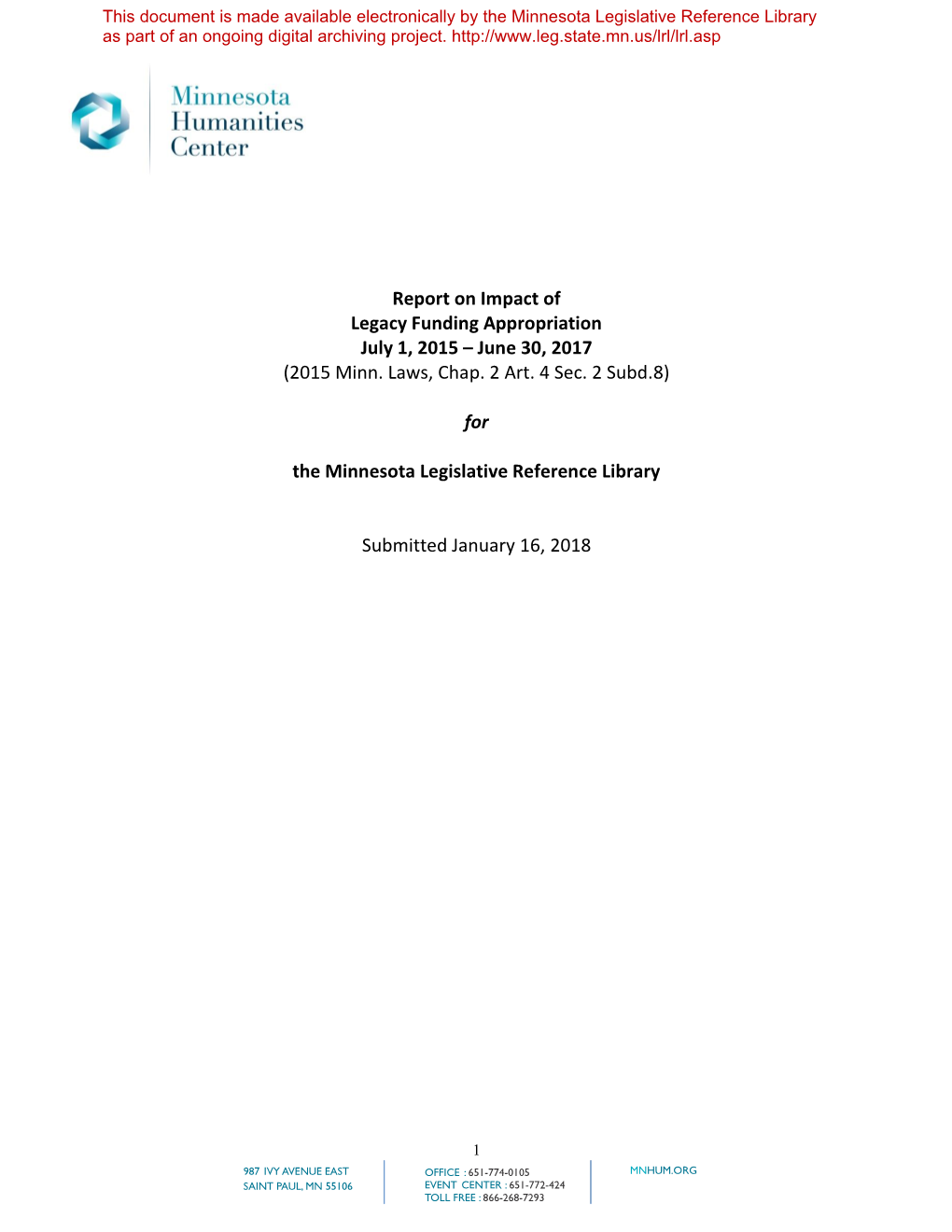 Report on Impact of Legacy Funding Appropriation July 1, 2015 – June 30, 2017 (2015 Minn