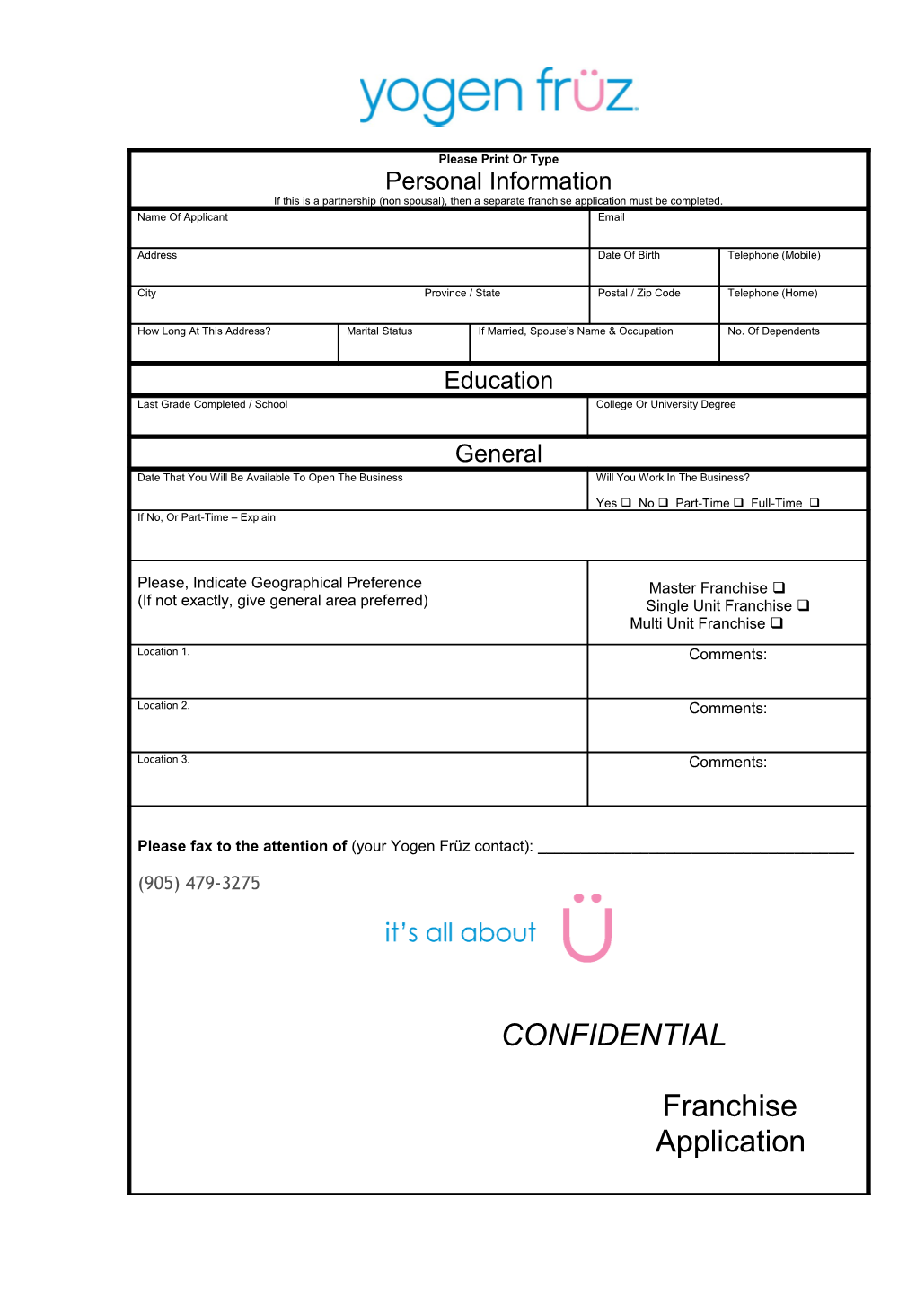 Confidential Franchise Application