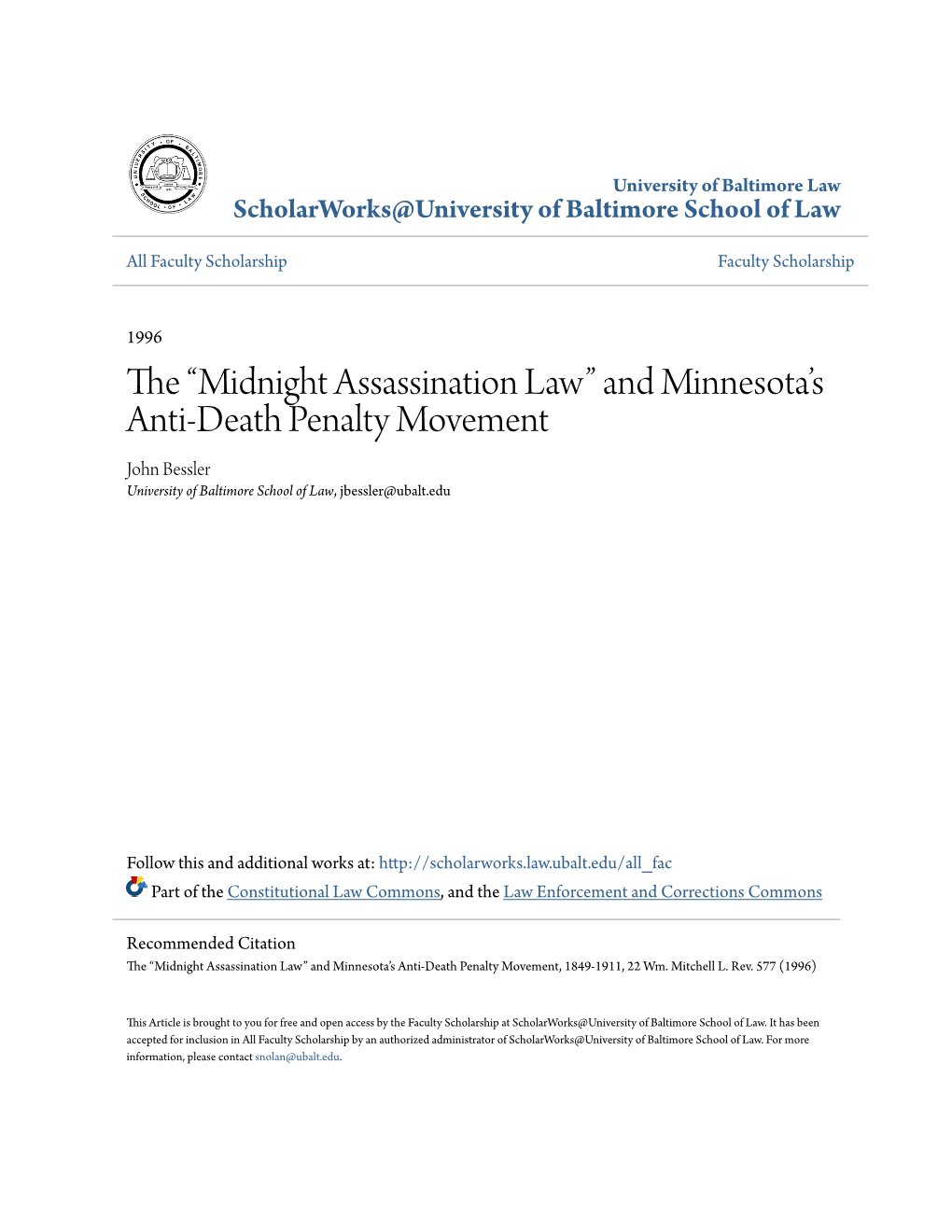 And Minnesota's Anti-Death Penalty Movement, 1849-1911