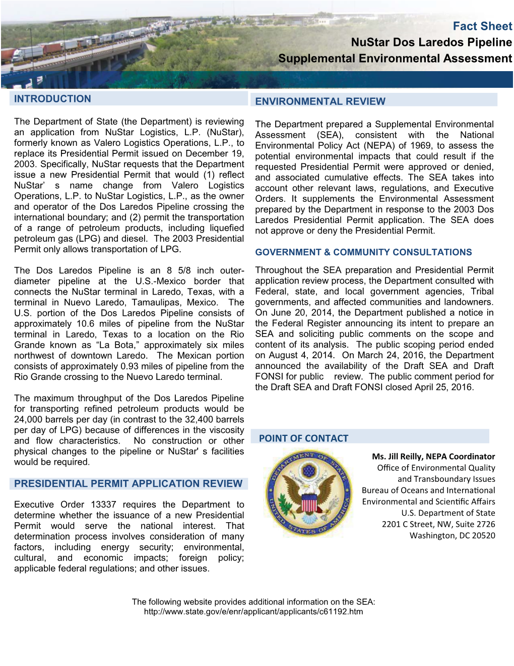 Fact Sheet Nustar Dos Laredos Pipeline Supplemental Environmental Assessment