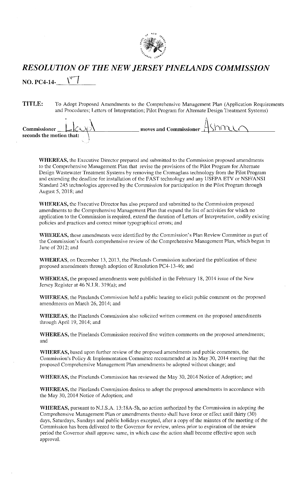 Resolution of the New Jersey Pinelands Commission '