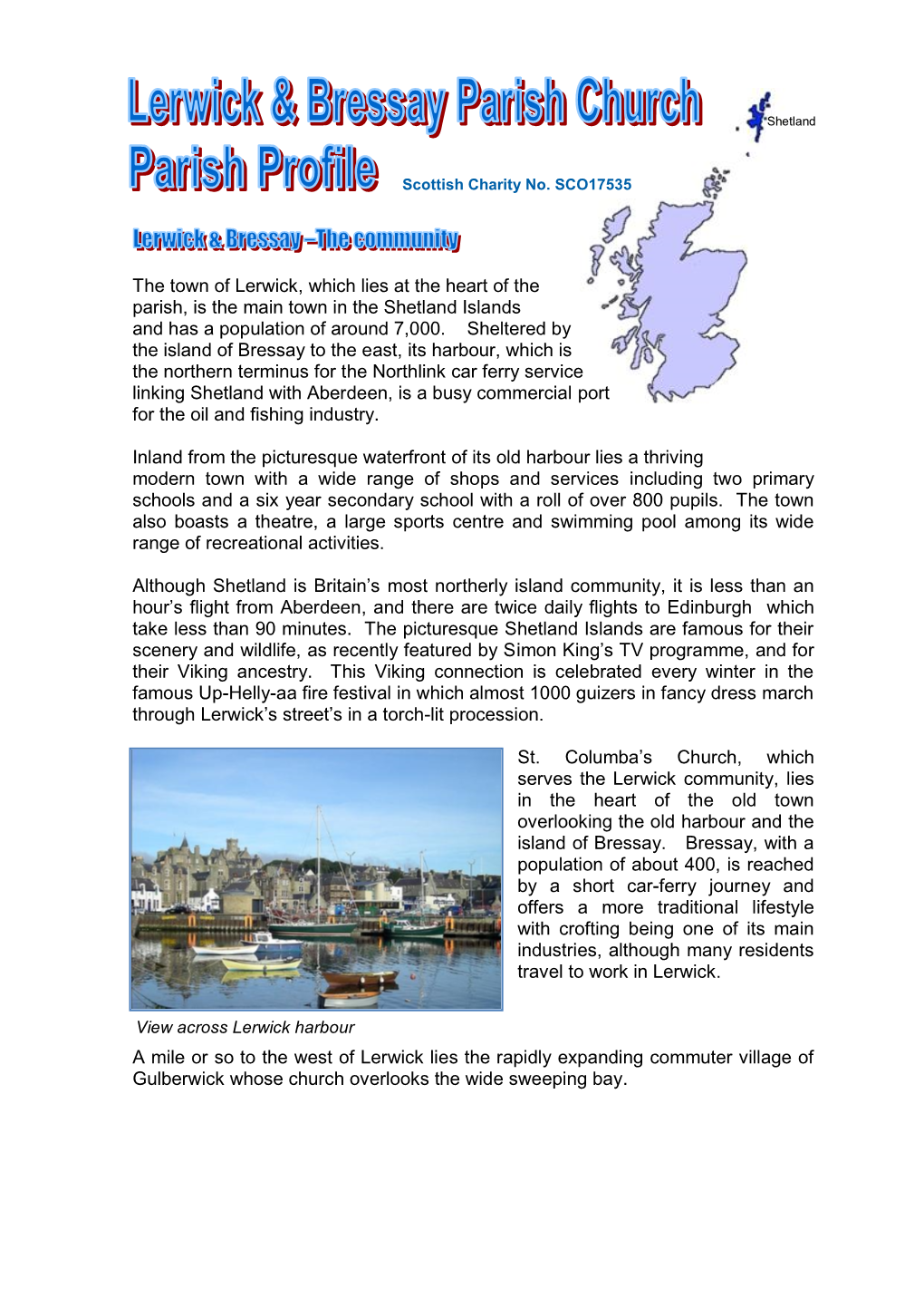 The Parish of Lerwick & Bressay Dates from a Formal Union in 1955
