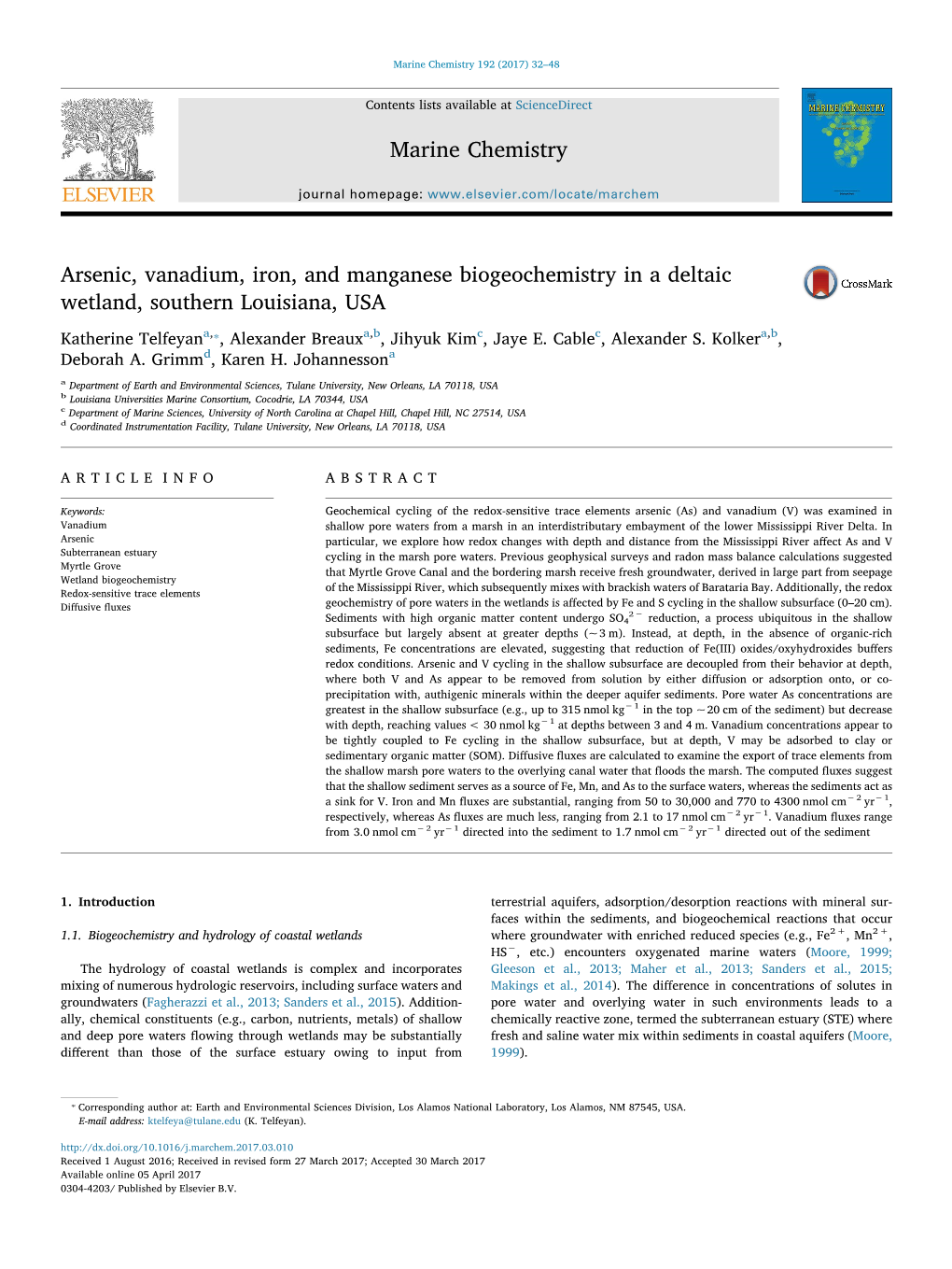 Arsenic, Vanadium, Iron, and Manganese Biogeochemistry in a Deltaic Wetland, Southern Louisiana, USA MARK