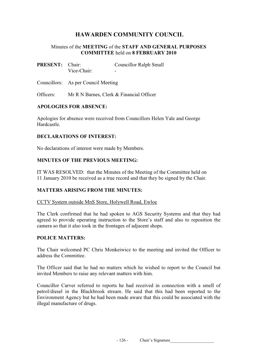 Minutes of the MEETING of the STAFF and GENERAL PURPOSES COMMITTEE Held on 8 FEBRUARY 2010