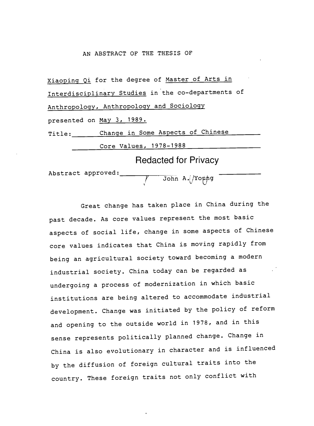 Change in Some Aspects of Chinese Core Values, 1978-1988 Redacted for Privacy Abstract Approved: R John A.C/Yotpg