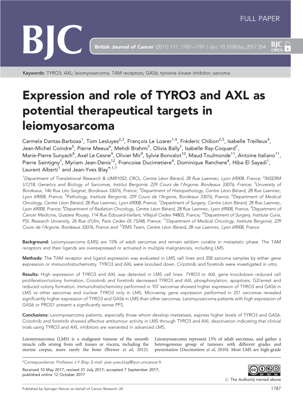Expression and Role of TYRO3 and AXL As Potential Therapeutical Targets in Leiomyosarcoma